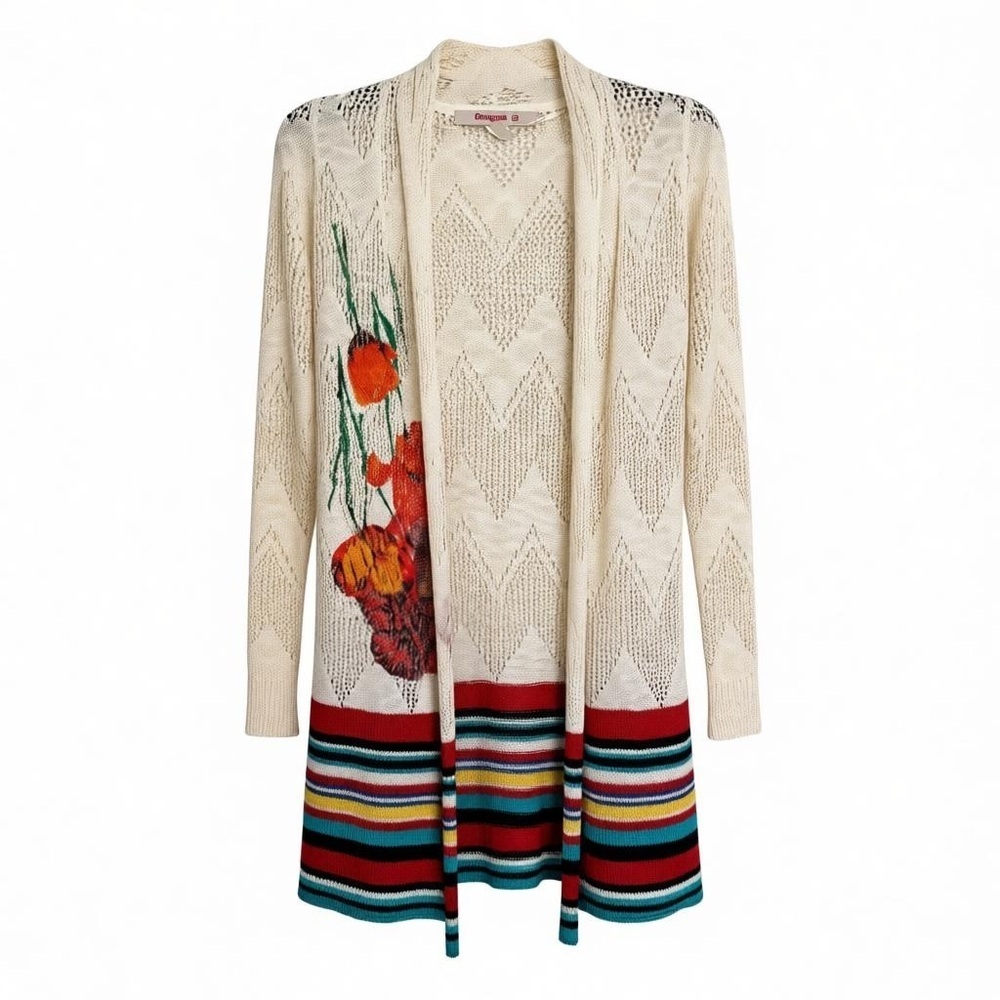 Desigual Open Knit Tulip Cardigan Sz XS Boho Artsy Whimsical Hippie Chic Vibrant